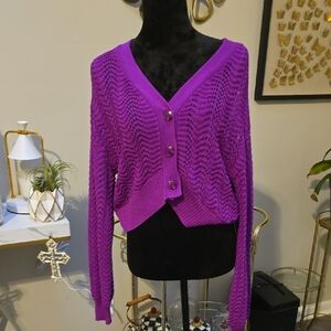 Steve Madden Purple Open-Knit V-Neck Button Cardigan